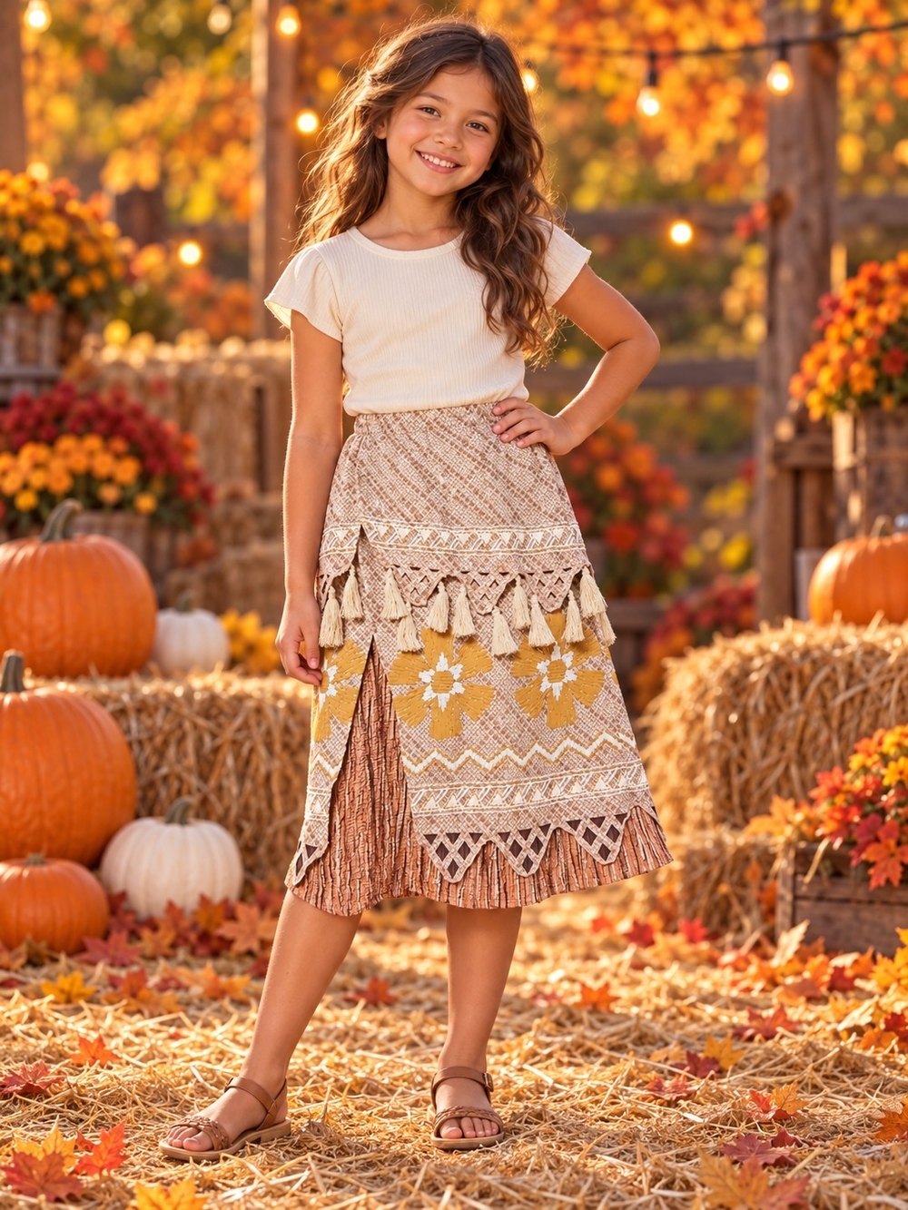 Disney Girls' Cream & Mustard Tassel Boho Skirt